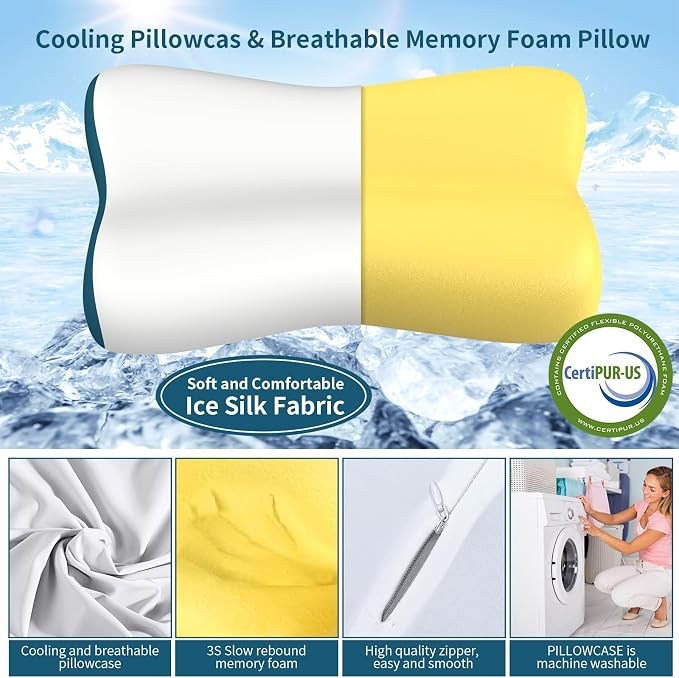Cervical Neck Pillow for Pain Relief, Contour Memory Foam Pillows for Sleeping, Ergonomic Pillow Orthopedic Cooling Pillow Bed Pillow Neck Support for Side Back Stomach Sleepers(White&Blue)