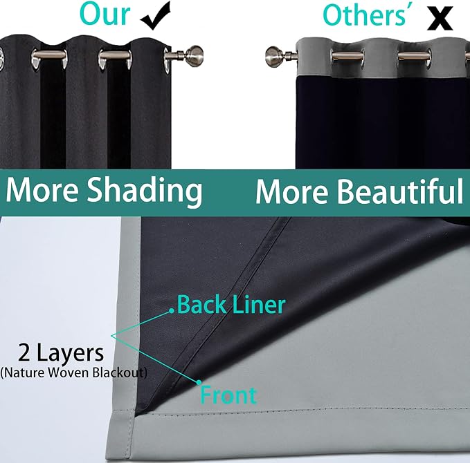 Yakamok Grey Blackout Curtains 96 Inches Long for Bedroom 62" Wide 2 Pcs | Blackout Curtain Panels for Bedroom, 2 Thick Layers Grommet Top Thermal Insulated Drapes with Black Liner for Living Room