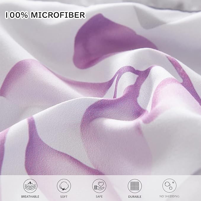 Yogeneg Botanical Comforter Set Queen Size 7 PCS Bed in a Bag,Purple Grey Leaves Printed on White Reversible Design,Soft Microfiber Bedding Complete Set for All Season(Purple,Queen)