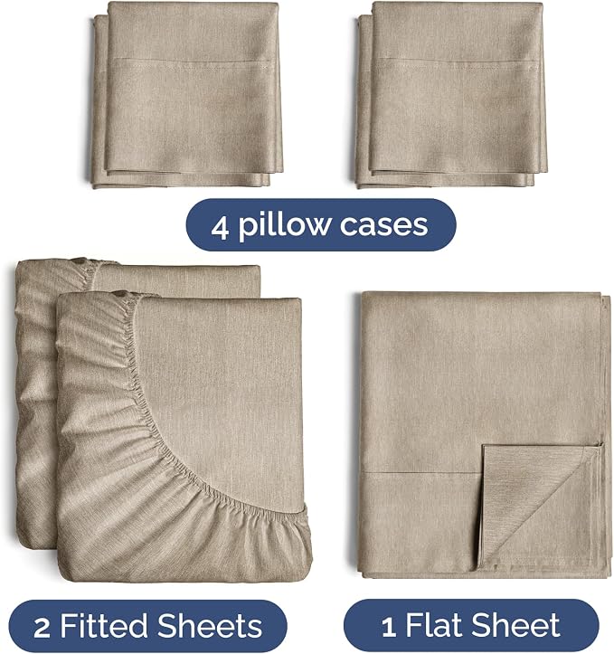Split King 7 Piece Bed Sheet Set - Breathable & Cooling - Heathered Beige | Ultra-Soft Hotel Luxury Bedding Set w/ 8-16 Inch Deep Pockets, 1 Flat & 2 Fitted Sheet & 4 Pillowcases, Wrinkle & Fade Free