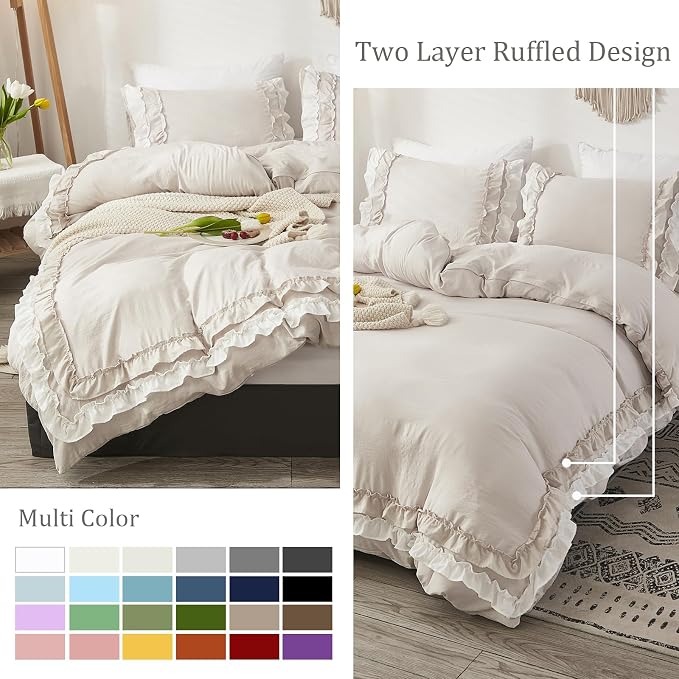 Bedorm Beige Duvet Cover Set Twin Ruffle Bedding Set Pleat Ruffled Shabby Chic Comforter Cover Extra Soft & Easy Care White Boho Duvet Cover with Zipper Closure