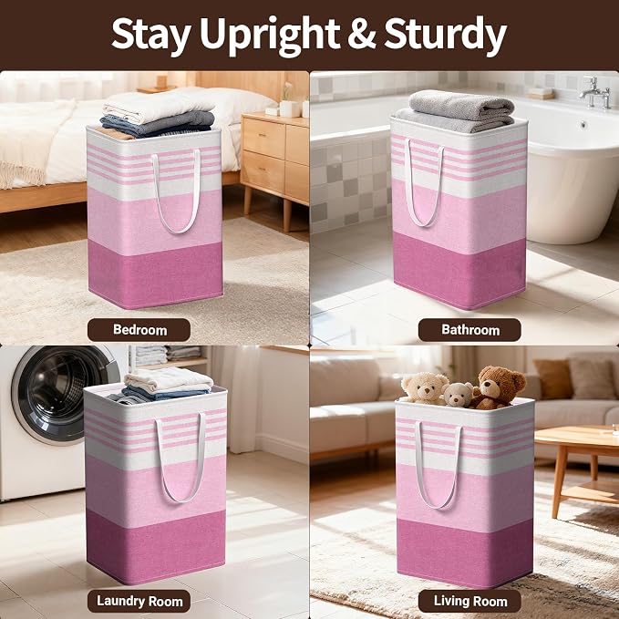 WOWBOX 2 Pack Laundry Baskets, Collapsible Dirty Clothes Laundry Hampers | with Reinforced Handles, Waterproof Coating, 2 Pack for Clean & Dirty Clothes, for Bedroom, Bathroom, Dorm (75L Pink)