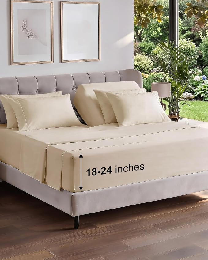 CGK Unlimited Extra Deep Flex Top Split Head King Sheet Set - 6 Piece Breathable and Cooling Sheets - Hotel Luxury Bedding for Women, Men, Kids & Teens - Easy Secure Fit - Extra Deep Pockets - Cream