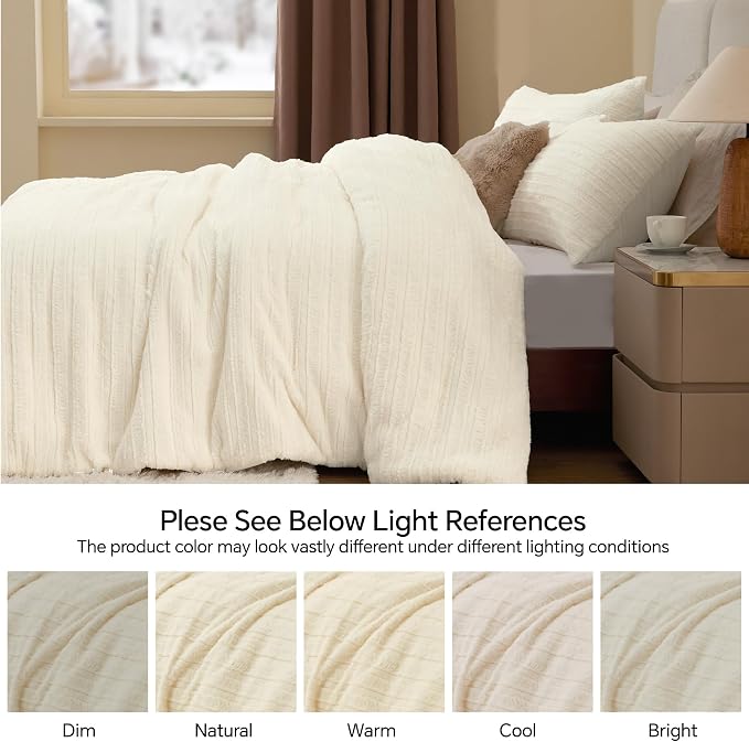 BEDELITE Faux Fur King Size Comforter Set, Fluffy Bed Set, Cream White | Super Soft & Warm, Luxury Fuzzy Cozy Comforter for Winter, Heavy Plush Bed set, with 2 Pillowcases
