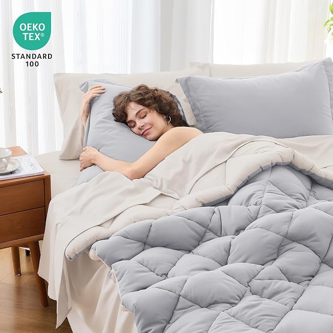 7 Pieces Queen Comforter Set, Reversible Bed in a Bag Queen Size, All Season Bedding Set with Comforter, Flat Sheet, Fitted Sheet, Pillowcases & Shams, Light Grey & Beige