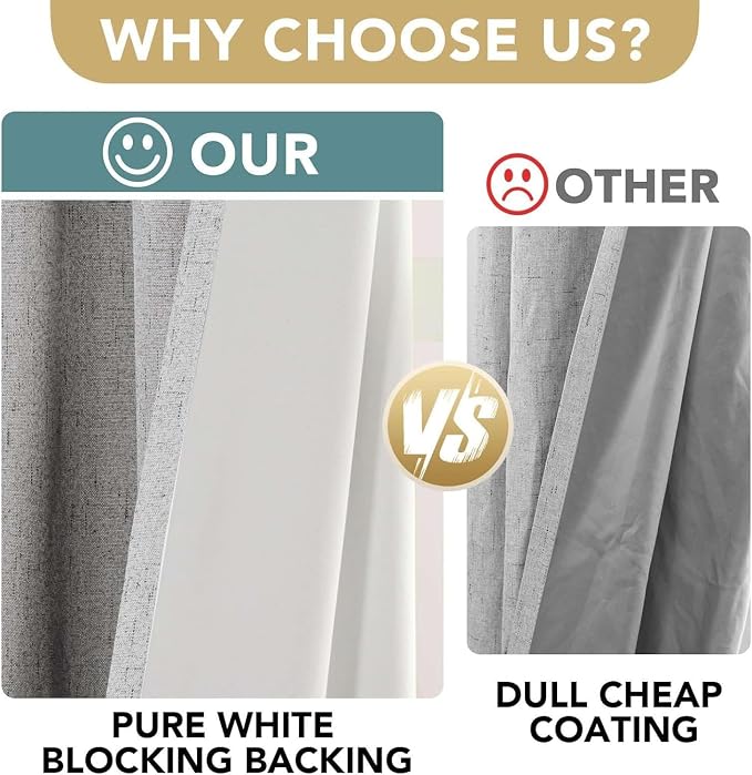 H.VERSAILTEX Linen Curtains 100% Blackout Curtains for Bedroom 90 inch Long Full Light Blocking Nature Linen Blended Window Curtains for Living Room Nickel Grommet (2 Panels, Glacier Gray)