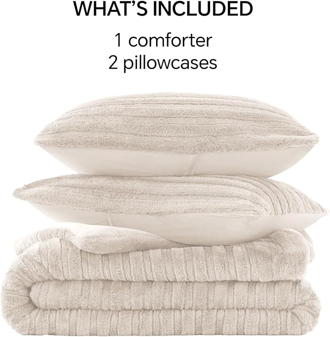 BEDELITE Faux Fur King Size Comforter Set, Fluffy Bed Set, Linen | Super Soft & Warm, Luxury Fuzzy Cozy Comforter for Winter, Heavy Plush Bed set, with 2 Pillowcases
