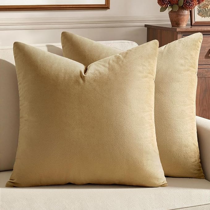 MIULEE Velvet Throw Pillow Covers 22x22 Inch Pack of 2 Khaki | Soft Solid Decorative Pillow Covers, Modern Luxury Home Decor, for Couch Chair Sofa Bedroom Livingroom