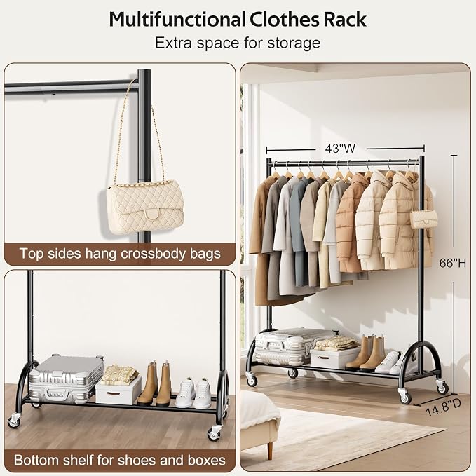 MISSLO Heavy Duty Clothing Rack with Wheels Rolling Clothes Racks for Hanging Clothes, Coats, Garment, Dress, Black (Pack of 2)