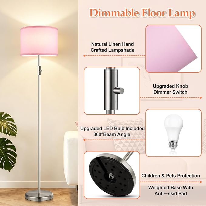 Floor Lamp Simple Design with Shade, Small Tall Lamps for Living Room Bedroom Office Dining Room Kitchen-Nickel
