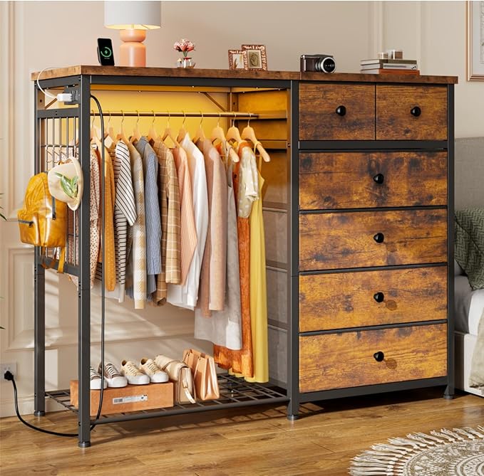 EnHomee 49.2" W Dresser with Hanging Rack & 6 Drawers, Grid Panel & 4 Hooks | Featuring LED Lights and Charging Station, Wooden Top Organize Unit for Bedroom, Chest of Drawers with Steel Frame, Brown