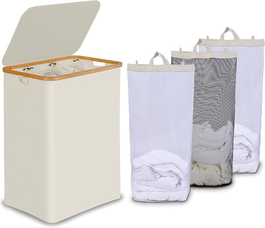 efluky Laundry Hamper with Lid, Trio Laundry Basket with 2 Removable Bags, 3 Section Laundry Bin with Bamboo Handles for Bathroom, Bedroom & Laundry Room, 160L (42.3 Gallon) Beige
