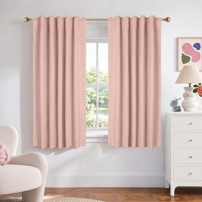 Faux Linen Total Blackout Curtains for Bedroom 54 Inch Long Blush Pink | 100% Blackout Shield, Back Tab/Rod Pocket Living Room Drapes, Thermal Insulated Blackout Curtains 2 Panels Set, 42"W x 54"L