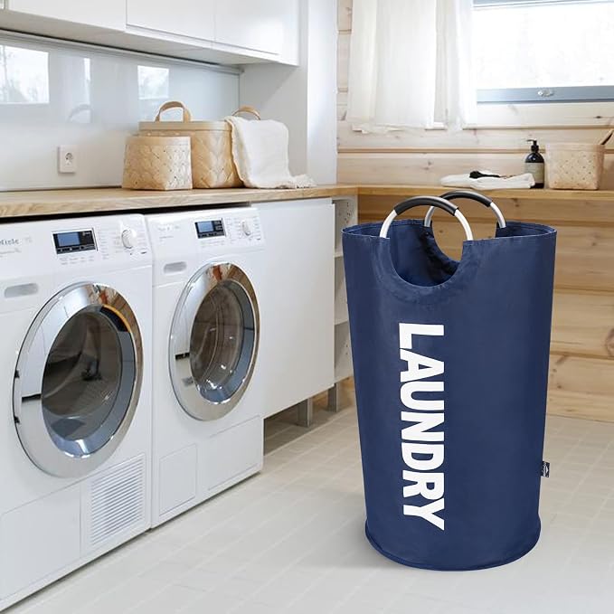 DOKEHOM 125L X-Large Laundry Basket Bag, Collapsible Tall Hamper, Dark Blue | Freestanding tall washing bin & foldable laundry bag. Extra large clothes storage basket with durable sturdy handles