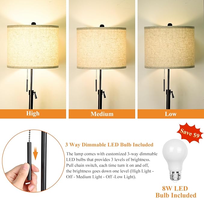 Qingmiao Adjustable Height Floor Lamp for Living Room, Black Standing Lamp for Bedroom Office, Modern Tall Lamp with Linen Shade, 3-Way Dimmable 8W 3000K LED Blub Included (Black)