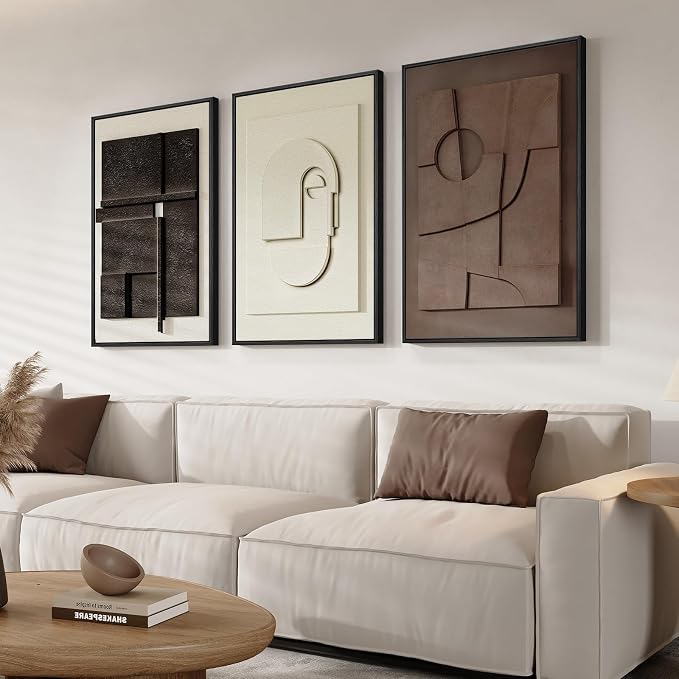 3D Textured Framed Abstract Wall Art Set, 3 Piece Modern Artwork, 16x24 In | Solid Wood Frames, Sandstone Textured Paintings, Black White Brown Sculptural Pictures Wall Decor Living Room Bedroom Office
