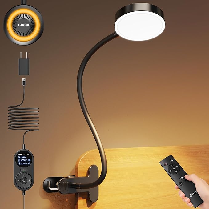Glocusent 72 LED Clip on Reading Light with Remote, Amber Book Light | 3 Colors & 5 Brightness, 2.75" Clamp & 30Min Timer, USB Powered, Clamp Light for Headboard/Dorm/Bunk/Work/Craft