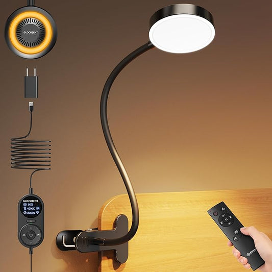 Glocusent 72 LED Clip on Reading Light with Remote, Amber Book Light | 3 Colors & 5 Brightness, 2.75" Clamp & 30Min Timer, USB Powered, Clamp Light for Headboard/Dorm/Bunk/Work/Craft