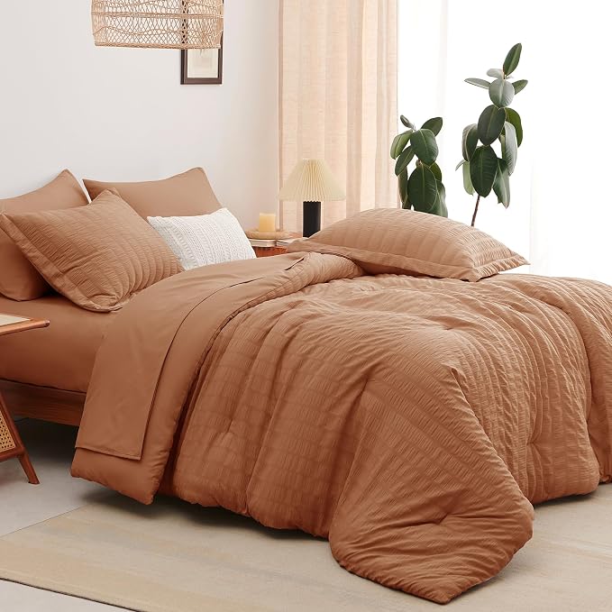 Queen Comforter Set, 7 Pieces Pumpkin Seersucker Bed in a Bag | OEKO-TEX Certified, All Season Bedding Set with 240 GSM Down Alternative Comforter, Flat & Fitted Sheets, Pillowcases & Shams