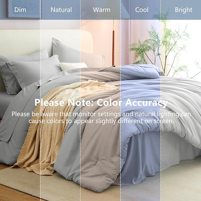 Full Size Comforter Set Light Grey, 7 Pieces Bed in a Bag | OEKO-TEX Certified, All-Season, Bedroom, 240GSM Down Alternative Comforter, Flat & Fitted Sheets, 2 Pillowcases & 2 Shams