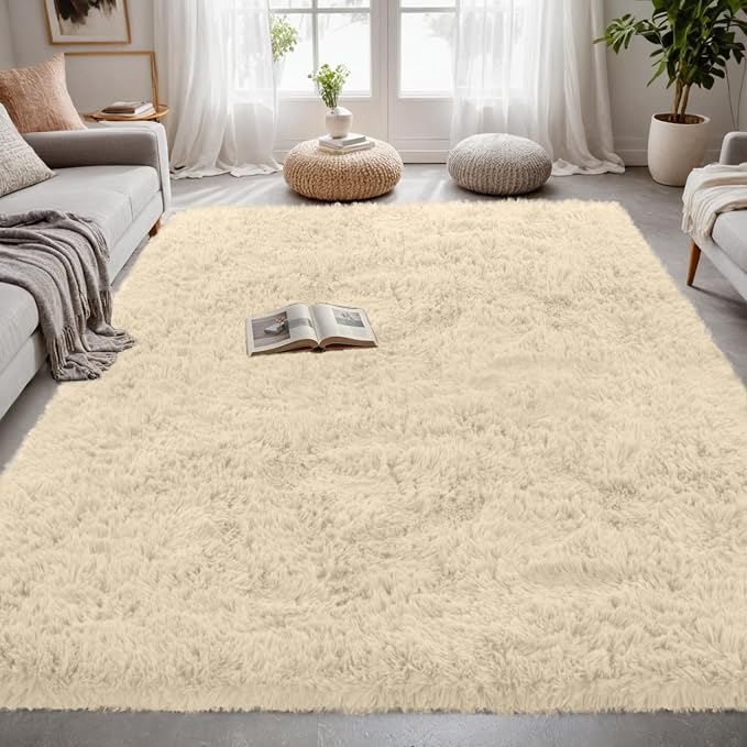 4x6 Fluffy Shag Area Rugs for Living Room Bedroom: Soft Plush Carpet Beige | Upgraded Non-Slip Thick Memory Foam, Ultra Soft, Non-Shedding Fuzzy Carpet, Easy Clean Decor for Kids Room, Nursery, Playroom