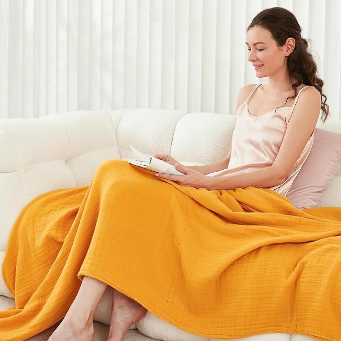 EMME Muslin Blankets for Adults Throw Blanket for Couch Breathable Gauze Soft Lightweight Airy Mustard Yellow Throw XL 50" x 71"