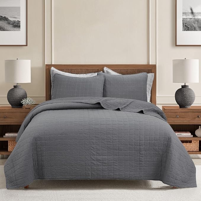 Cozy Line Home Fashions 100% Cotton Quilt Set – 3-Piece Charcoal Gray Solid Classic Modern Geometric Quilted Bedspread with Shams, Lightweight All Season Modern Bedding (Box Gray, King)