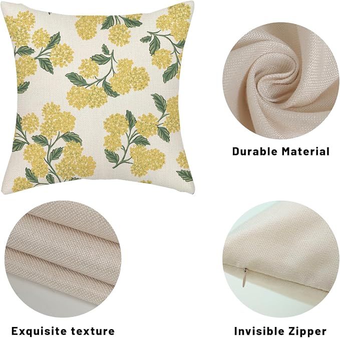 Mustard Yellow Summer Outdoor Pillow Covers 18x18 Inch 2 Pcs Green Hydrangea Flower Decor Throw Pillows Spring Seasonal Vintage Floral Decoration Pillowcase Linen Cushion Cover for Couch Sofa