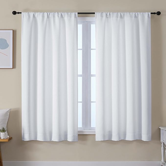 Simplebrand Ava Pure White Light Filtering Curtains for Bedroom 63 Inch Length 2 Panels Set, Solid Thermal Insulated Privacy Living Room Window Treatment Curtains Light Filtering, W50 x L63 Inch
