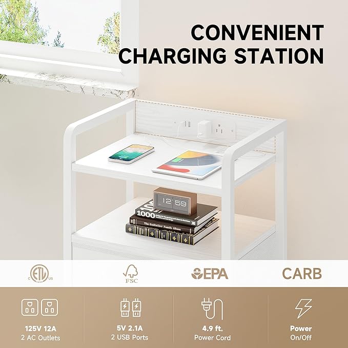Lazzanto Nightstand with Rear Charging Station, LED Light, 2 Drawers, White | Industrial Nightstand, 2 USB-A Ports & AC Outlets, Raised Back Guard, Fabric Storage Drawers, Bedside Table for Bedroom, Dorm