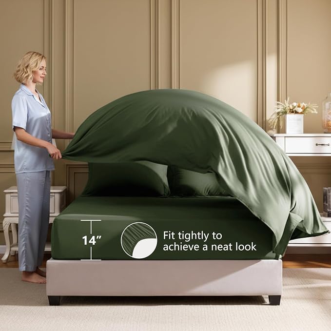 HIMEET King Comforter Set, 7-Piece Point-Quilted Bed in a Bag, Olive Green | OEKO-TEX Certified, Lightweight 240 GSM Comforter, Flat Sheet, 14-Inch Deep-Pocket Fitted Sheet, Pillowcases & Shams