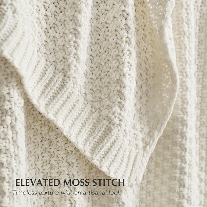 EVERGRACEHOME Chunky Chenille Knit Throw Blanket, 60 x 80, Bright White | Sculpted Moss Stitch, Chic Modern Farmhouse, All-Season Warmth, OEKO-TEX® Certified, Elegant Blanket for Couch, Bed, Sofa