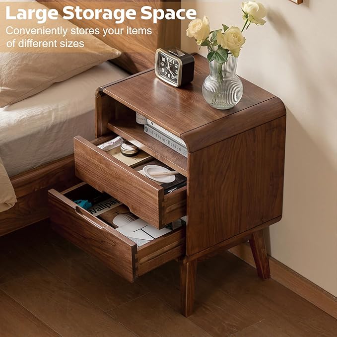Solid Wood Nightstand, Walnut Night Stand with 2 Drawers and Open Storage, Mid Century Modern Nightstands for Small Space, Bedside Table for Bedroom, Dorm(23.23" H)