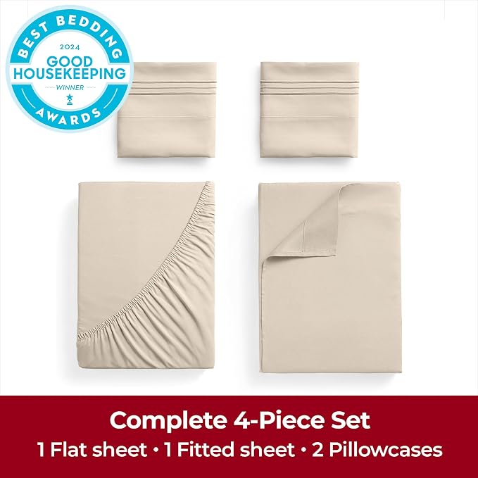 Mellanni Iconic 4-Piece, Ultra Soft Sheet Set (Queen, Beige) | 10M+ Sleepers. Lab-tested: Sleeps Cool, Stays Bright, Strong, Smooth. Good Housekeeping Best Bedding, 7 yrs running.
