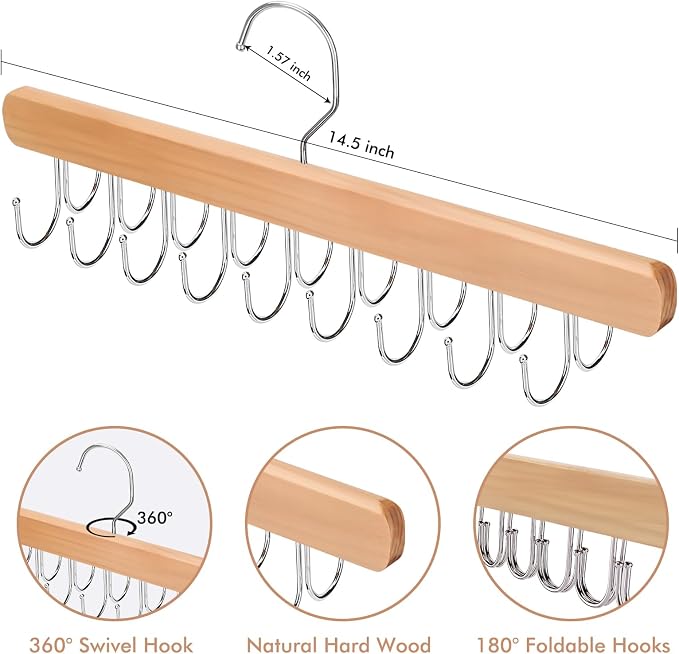 NECAMOCU 2 Pack Bra Hanger for Closet Organizer, Premium Tank Top Hangers | Wooden Bra Holder with 36 Foldable Hooks, 360° Rotating Design, Space Saving Storage for Tank Tops, Bras, Belts, and More