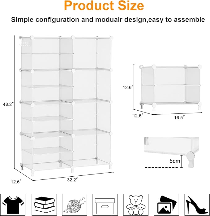 AWTATOS Closet Organizer 8 Cube Storage Shelves, Transparent Twill | Closet Organizers and Storage, DIY Stackable Cubby Shelving, Clothes Organizers for Closet Bedroom Living Room Office