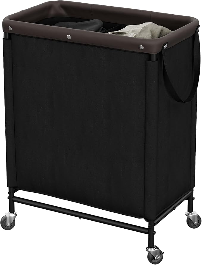 StorageWorks 2 Section Laundry Hamper, 100L Black Sorter Cart with Wheels | 2 Section Laundry Hamper with Wheels, Black Sorter Cart for Bedroom, Bathroom, Apartment