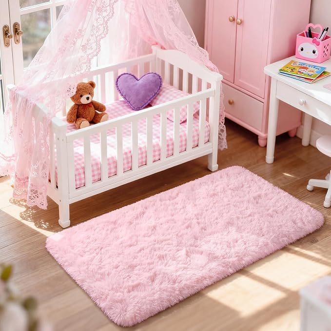 Soft Fluffy Rugs Pink Girls Bedroom Nursery Rug, 2x4 Small Shaggy Non-Slip Bedside Rug for Dorm Kids Room Carpet, Plush Furry Area Rugs Livingroom Accent Floor Indoor Holiday Decor