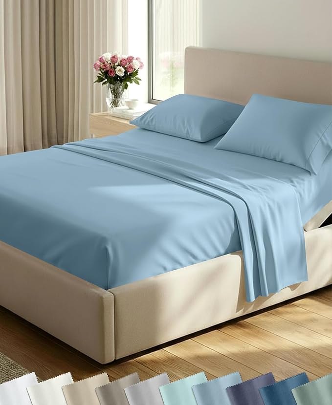 California Design Den 100% Cotton Sateen Split King Sheets, 5 Pcs, Sky Blue | 400 Thread Count with Good Housekeeping Seal, Split King Sheets Sets for Adjustable Bed with 2 Separate Twin-XL Mattresses