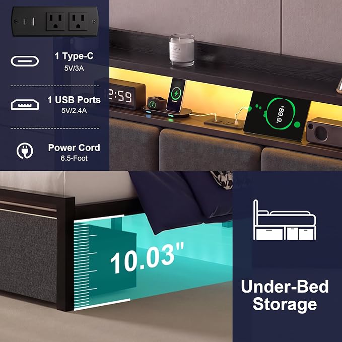 Twin Bed Frames with 2 Storage Drawers, Platform Bed with LED Lights & Charging Station, Upholstered Headboard with 2-Tier Shelves, Heavy Duty Metal Sltats, No Box Spring Needed, Noise Free