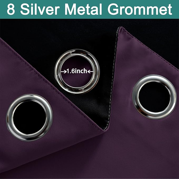 Yakamok Purple 100% Blackout Curtains 84 Inches Long for Bedroom 52" Wide | Blackout Curtain Panels for Bedroom, 2 Thick Layers Grommet Top Thermal Insulated Drapes with Black Liner for Living Room