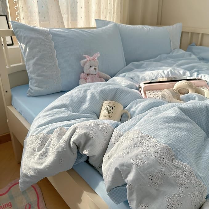 mixinni Blue Gingham Duvet Cover Queen Size - 3 Piece Cottagecore Plaid Bedding Set with Lace Trim, Soft Washed Microfiber Vintage Aesthetic Grid Comforter Cover & Pillow Shams, (Blue White Gingham)