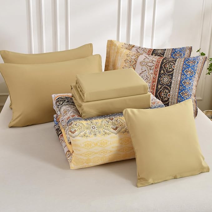 Cottolester Boho Full Comforter Set 8 Pieces,Yellow Bohemian Striped Bed in a Bag,Paisley Soft Microfiber Bedding Comforter Set