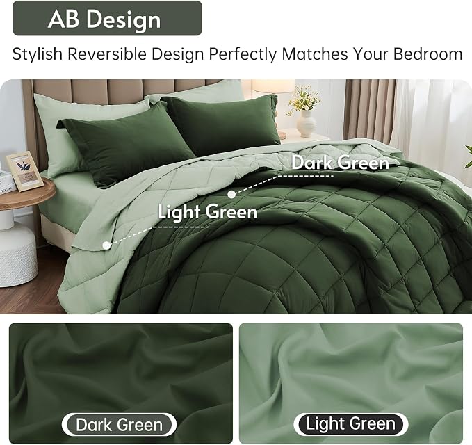 7 Pieces Oversized Queen Comforter Set, Reversible Bed in a Bag Oversized Queen Size, All Season Bedding Set, Flat Sheet, Fitted Sheet, Pillowcases & Shams, Dark Green & Light Green