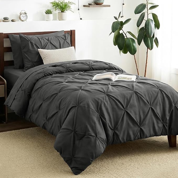 Twin XL Comforter Set Dark Grey, 5 Pieces Pintuck Bed in a Bag | College Dorm Essentials, OEKO-TEX 100 Certified, 240GSM All Season, Down-Alternative Comforter, Sheets, Pillowcase & Sham