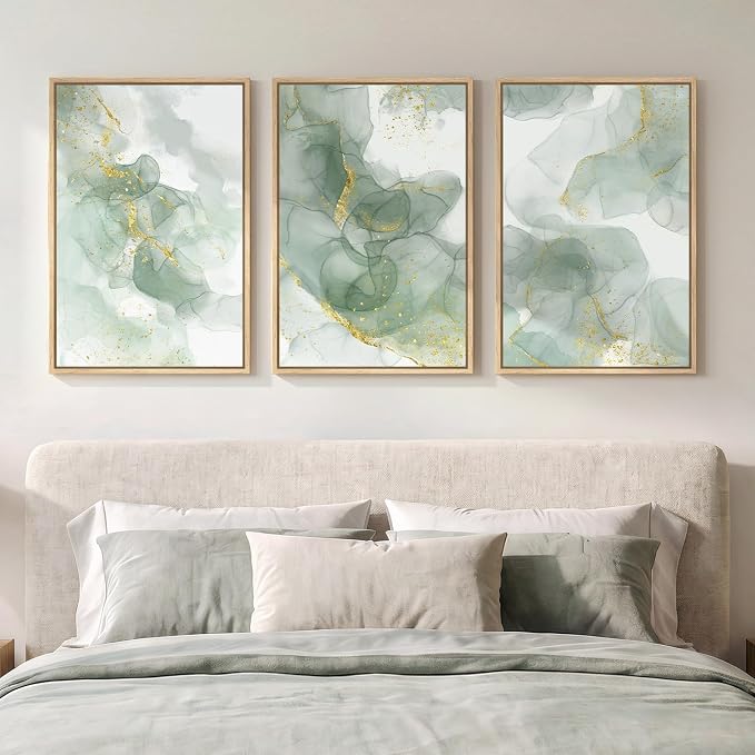 Framed Sage Green Abstract Wall Art for Bedroom, 3 Piece Set, Each 16x24 In | Green and gold pictures, Canvas prints, Modern minimalist painting, Artwork for walls, Wall decor for living room dining room