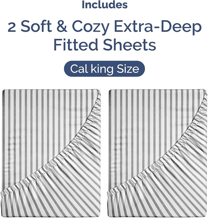 2 Pack Extra Deep Cal King Fitted Sheets with Deep Pockets - Grey Stripes | Hotel Luxury Bottom Fitted Sheets Only, Soft, Fade & Wrinkle Free, Breathable & Comfy, All Around Elastic Fitted Sheets