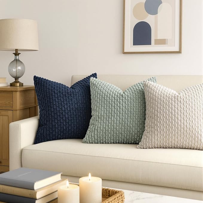 MIULEE Decorative Throw Pillow Covers 18x18 Navy Blue Textured Corduroy | Pack of 2 Striped Pillow Covers Modern Farmhouse Coastal Home Decor for Couch Bed Sofa Living Room