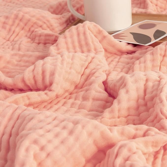 EMME Muslin Blankets for Adults Throw Blanket for Couch Breathable Gauze Soft Lightweight Airy Pink Throw XL 50" x 71"