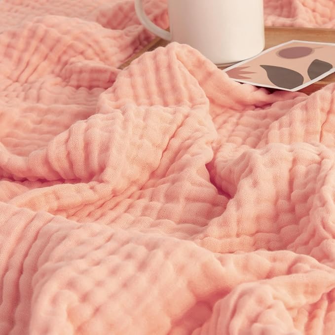EMME Muslin Blankets for Adults Throw Blanket for Couch Breathable Gauze Soft Lightweight Airy Pink Twin 60" x 80"